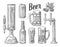 Beer class, can, bottle, barrel. Vintage engraving illustration