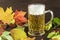 Beer composition: mug of beer, colorfull leaves, hop on a dark wooden background