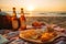 Beer and crisps on wooden tray on beach at sunset. Picnic at nature. Generative AI