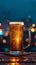 Beer delight glass on wooden table, vibrant city lights backdrop