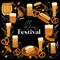 Beer festival card design with stylized illustration mugs of beer, pretzel snack and grilled sausage on black background