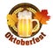 Beer Festival Oktoberfest in Germany emblem for poster or banner with with fresh lager beer, barrel and maple leafs. Vector