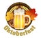 Beer Festival Oktoberfest in Germany Emblem for poster or banner with with fresh lager beer, barrel and pretzels, maple leafs. Vec