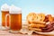 Beer glass alcohol drink with food sausage,  snack