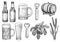 Beer glass, bottle, cup, barrel, hop, wheat, opener illustration, drawing, engraving, ink, line art, vector