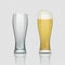 Beer glass cups. Empty transparent mug and full mug, realistic 3D beer pint. Vector tall drink glass on transparent