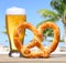 Beer Glass with German Pretzel over Beach View with Palms.