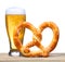 Beer Glass with German Pretzel on wooden table. isolated