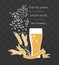 Beer glass, hops and wheat. Craft beer with brewing ingredients. Illustration for brewery, pub, bar, restaurant.