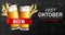 Beer glasses banner October fest Vector realistic. Fresh sparkling drink dark background. 3d detailed illustration