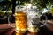 Beer glasses in a Bavarian Beer garden at Munich