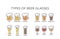 Beer glasses types colorful cartoon with editable stroke.