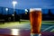 beer half full, illuminated tennis court beyond