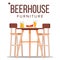 Beer House Furniture Vector. Pub. Beery Party Design Element. Brewery Wooden Table, Chairs, Beer Mug. Isolated Flat
