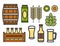 Beer linear icons of brewery barrel and crates with bottles