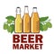 Beer market logo. Beer bottles and hops. Color vector graphics
