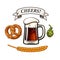 Beer mug, Bavarian pretzel, hop cone, barley or wheat ear, ribbon banner with text Cheers. Vector illustration
