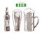 Beer mug, glass and bottle. Craft beer party, vintage vector engraving illustration. Hand drawn banner design