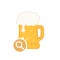 Beer mug icon with research sign. Alcohol beverage icon and explore, find, inspect symbol