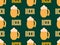 Beer mug seamless pattern. Glass of foamy light beer and text on a dark green background. Alcohol party. Design for prints,