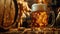 Beer mug with wheat and hops in cellar ambiance with barrel. Ai Generated