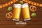 Beer mugs banner October fest Vector realistic. Fresh sparkling beer with pretzel wooden background. 3d detailed