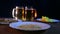 Beer mugs with foam beer on a black background on a wooden table with snacks in color light