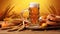 Beer mugs with fresh pretzels or brezen at Oktoberfest, Munich, Germany