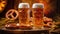 Beer mugs with fresh pretzels or brezen at Oktoberfest, Munich, Germany