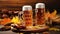 Beer mugs with fresh pretzels or brezen at Oktoberfest, Munich, Germany