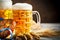 Beer mugs and pretzels on a wooden table. Oktoberfest. Beer festival.