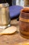 Beer mugs wooden stylized oak barrel copper rings iron medieval pub