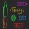 Beer multicolored vibrant neon signs, luminous advertising set banners words bar, beer bottle, glass, ear of wheat, cone of hops