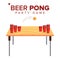 Beer Pong Game Vector. Alcohol Party Game. Red Cups On Table And Ball. Isolated Flat Illustration