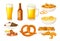 Beer Poured in Bottle and Mugs and Snacks in Bowls Vector Set