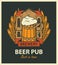 Beer pub label with brewery building and beer mug