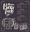 Beer pub menu with barrel and full beer glasses
