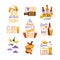 Beer quotes sticker pack, vector illustration. Beer bottles, glasses emblem for flat sale. Banner with cartoon alcohol