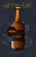 Beer realistic bottle with sketch mug, pretzel, wheat isolated on dark background. Happy hour poster