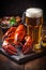beer red glass seafood snack crab crayfish crawfish dinner food background. Generative AI.