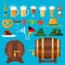 Beer set with mugs, hats, hops, leaves, flags, barrels, eisbein, pretzel and sausage