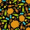 Beer set pattern seamless. Craft brewing background. Barrel and bottle. A mug of beer and hops. Sausage and pretzel texture