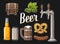 Beer set with tap, class, can, bottle, barrel, sausage, pretzel and hop.