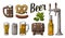 Beer set with tap, class, can, bottle, barrel, sausage, pretzel and hop. Vintage vector engraving illustration for web