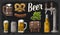 Beer set with tap, class, can, bottle, barrel, sausage, pretzel and hop. Vintage vector engraving illustration for web, poster.