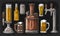 Beer set with tap, class, can, bottle and tanks from brewery factory.