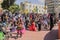 Beer-Sheva, ISRAEL - March 5, 2015: Children in carnival costumes with their parents on the street in celebration of Purim