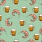 Beer with shrimps pattern. Cartoon vector background.