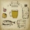 Beer sketch vector elements. Drawing hand drawn items, beer bottle and mug, sardines, onion and garlic, kiosk retro