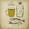 Beer sketch vector illustration. Drawing hand drawn items, beer bottle, mug and sardines. Retro vintage items for craft